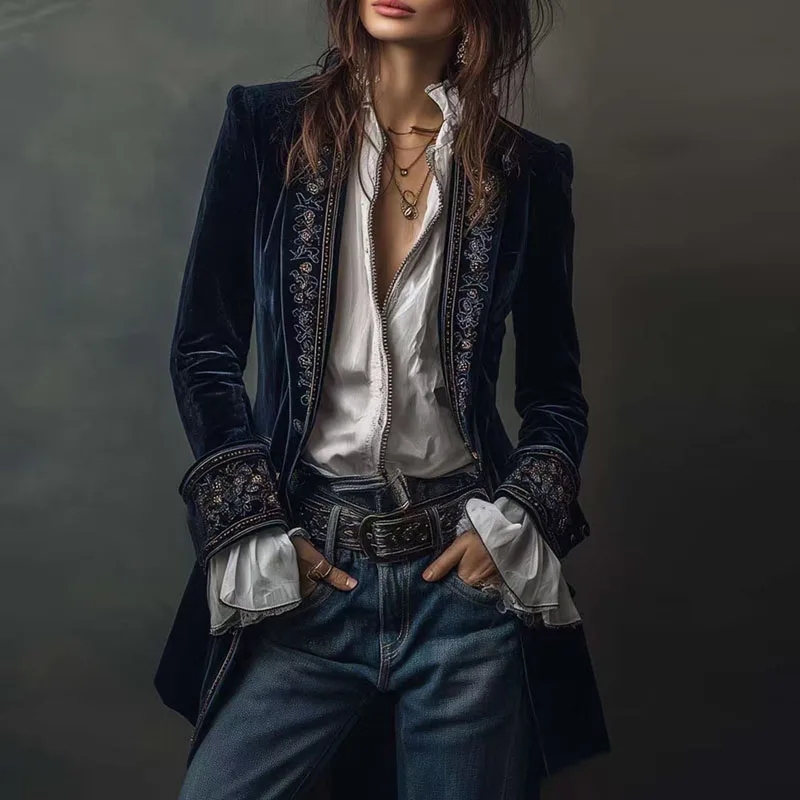 Winter Ethnic Fashion For Women - Etnische Retro Bloemenprint Fluwelen Vrouw Blazer