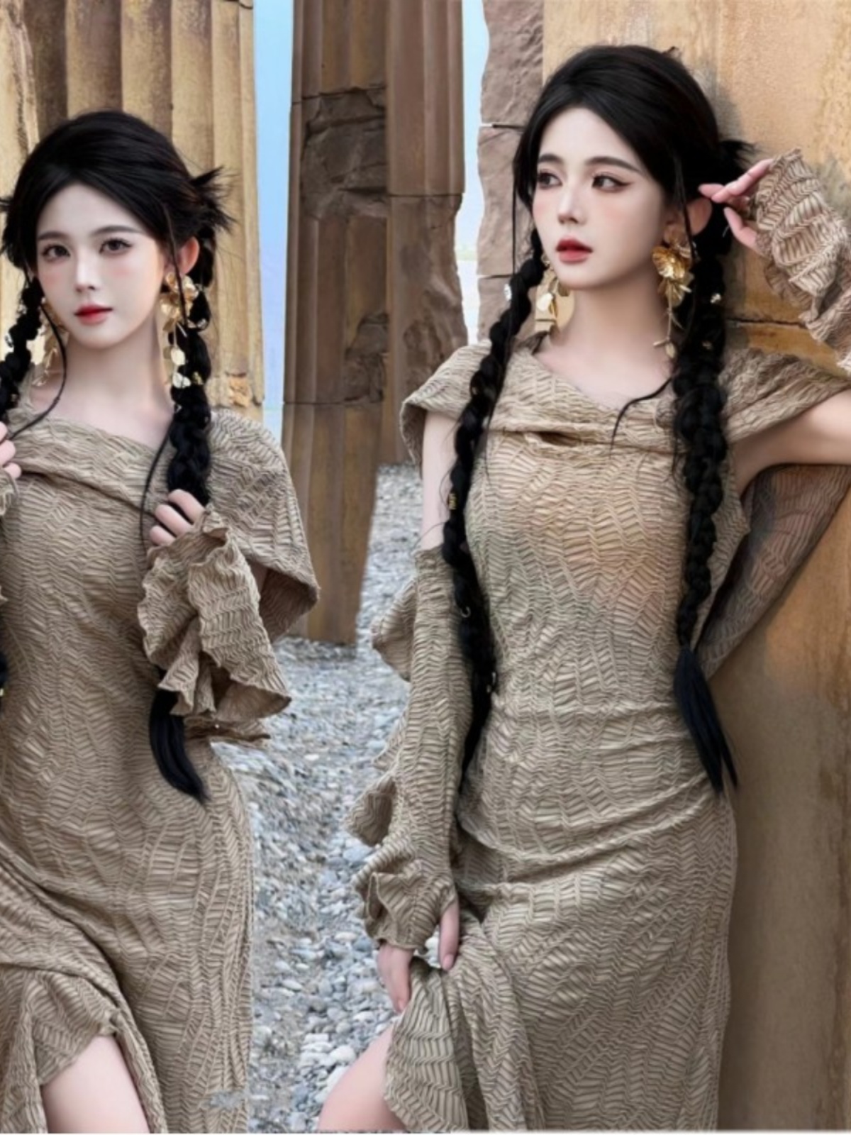 Ethnic Clothing & Online Fashion Store Khaadi Us - Lange jurk met woestijntoestemming Damesmode Etnische